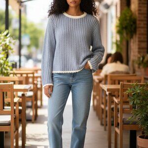 Hailey‎ Crochet Scallop Sweater Blue/White Cotton-Blend 3XL